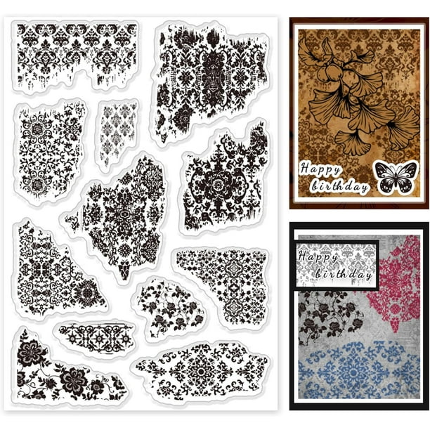 Set de 12 sellos transparentes de silicona con fondo de textura vintage para scrapbooking, creación de tarjetas y manualidades.