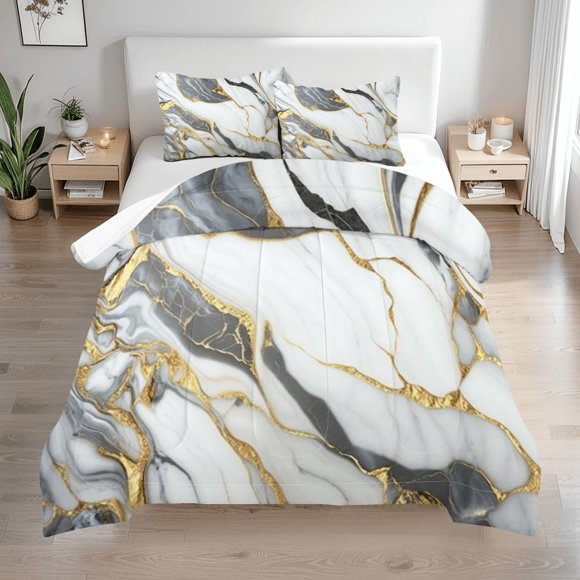White Marble Queen Size Comforter Set – 3 Piece Queen Comforter Set - Soft Microfiber All Season Queen Comforter by Conrad’s Limited Collections