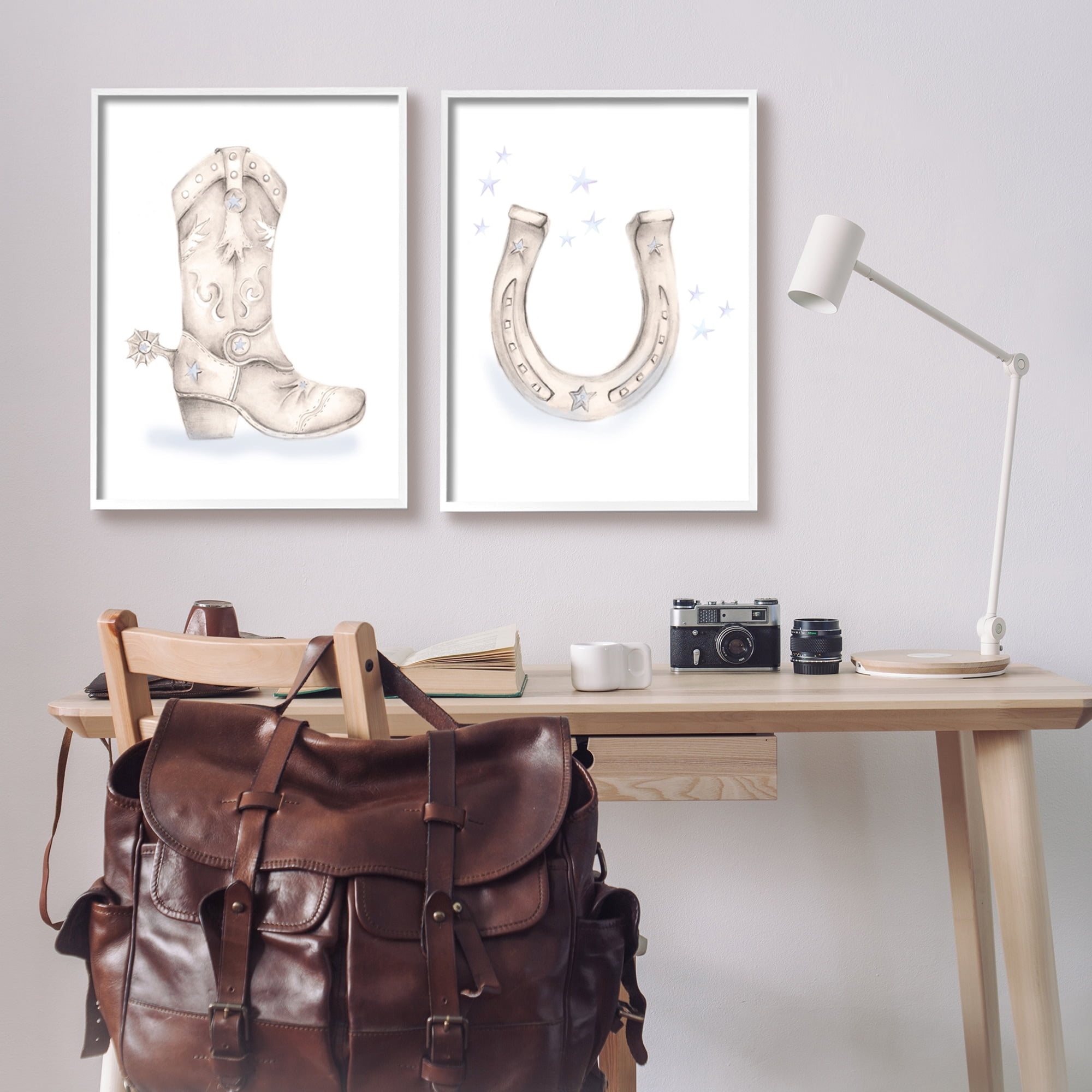 Stupell Industries Western Cowboy Boot Horseshoe Blue Stars Spur Graphic Art White Framed Art Print Wall Art, Set of 2, Design by Studio Q
