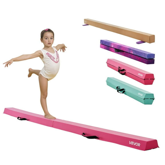 VEVOR 8FT Folding Balance Beam for Kids, 200LBS Stable Support Gymnastics Floor Beam with Non-Slip Mats, Gymnastics Training Equipment with Anti-Slip Bottom and Carrying Bag for Home Gym, Pink