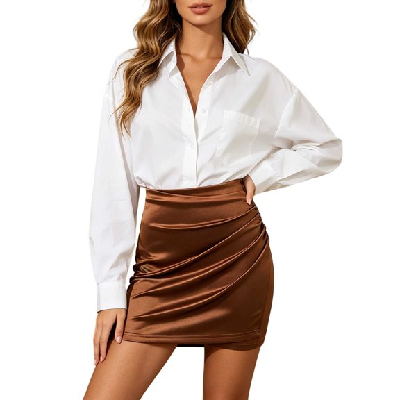 Wxolcjlv Womens Satin Ruched Mini Skirt High Waist Club Office Mini Skirts