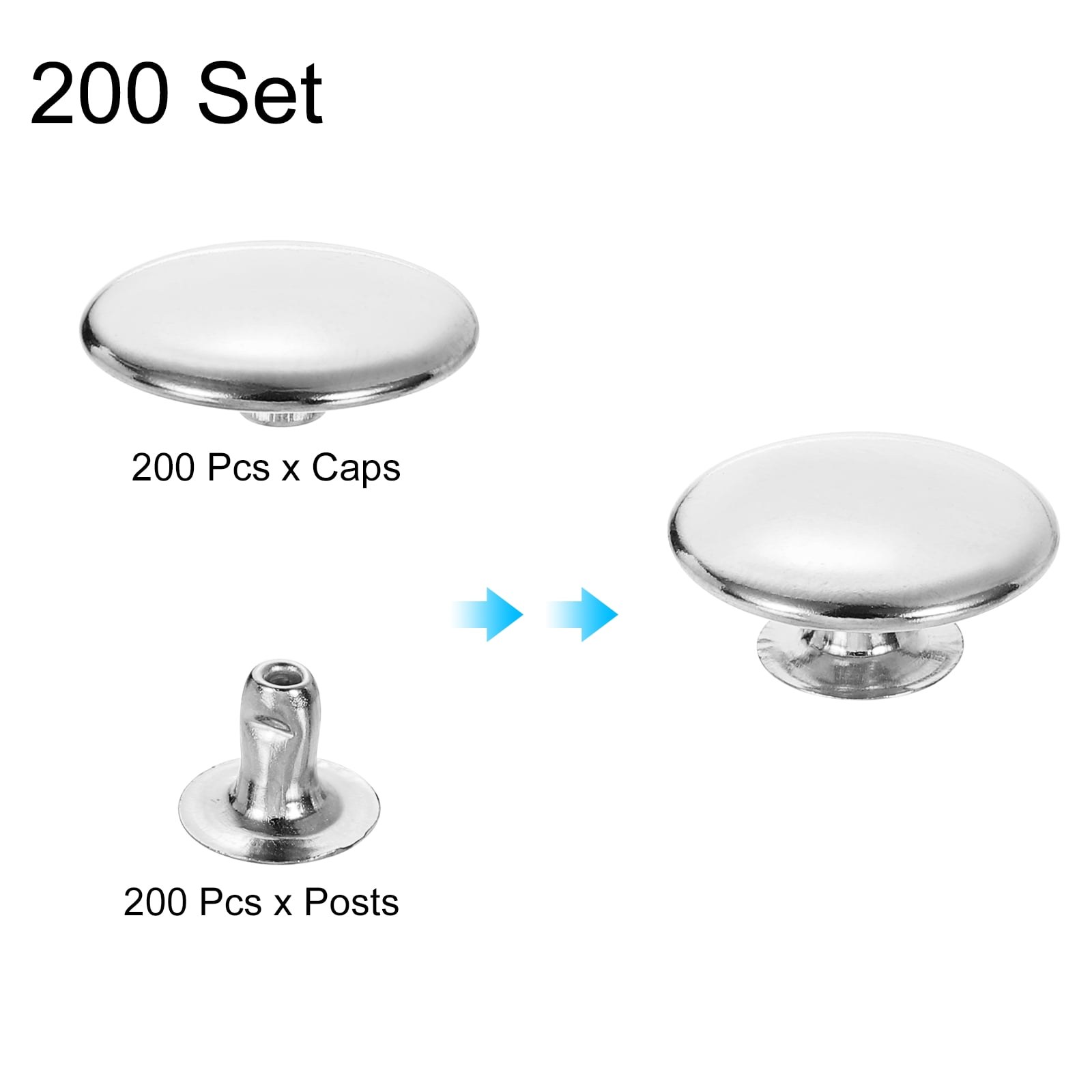 Uxcell 200Sets Single Cap Rivet 15mm Carbon Steel Round Head Snap Studs, Silver