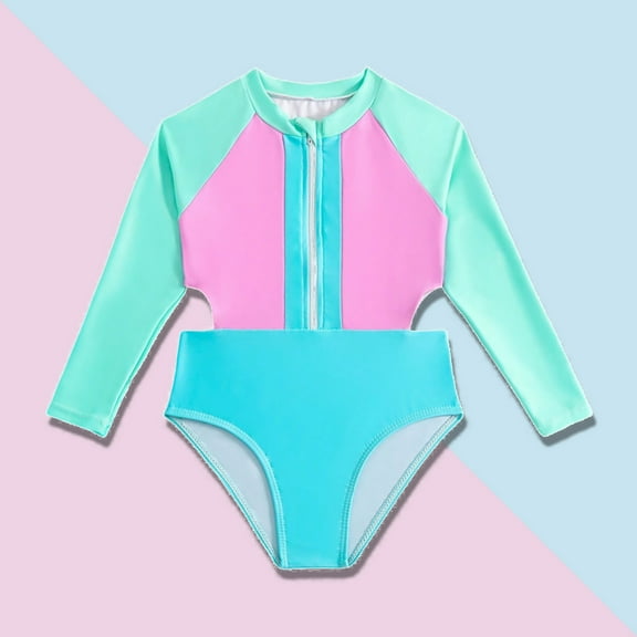 Girls One Piece Swimsuit Kid Girls Swimsuits Color Matching Long Sleeve Girls Bathing Suit Size6-7 Years