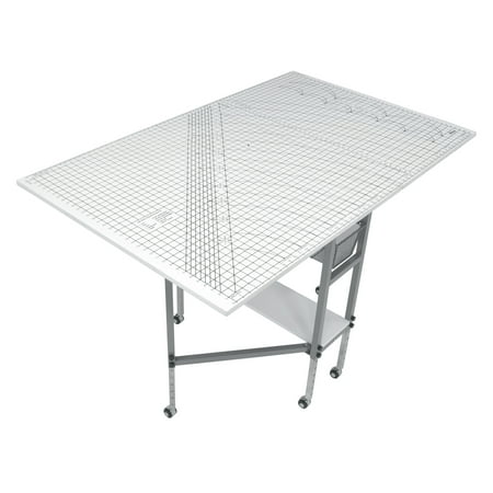 Sew Ready Mobile, Folding, Height Adjustable, Quilting, Fabric Cutting Table with Guides and Grid Top and Storage Silver/White