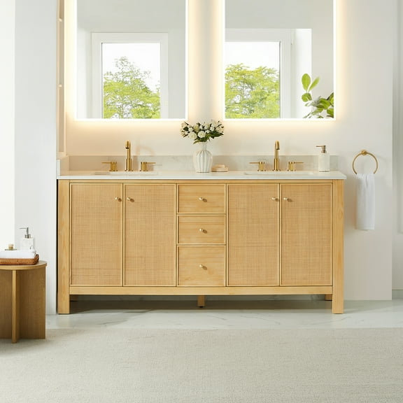 Cedar 72" Wood Vanity in Natural Wood Grain Engineered Stone Top no Mirror