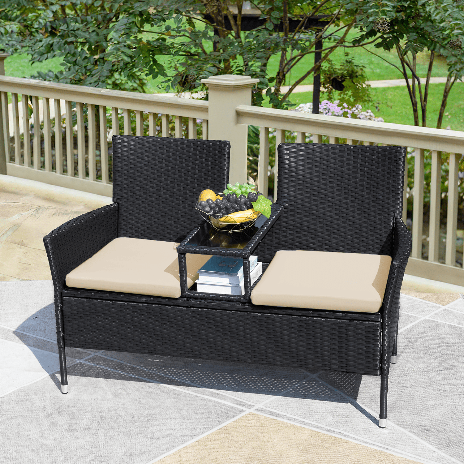 Devoko Outdoor Patio Loveseat Modern Rattan Patio Conversation Furniture Set with Cushions and Built-in Coffee Table Porch Furniture for Garden Lawn Backyard, Beige