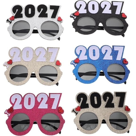 6pcs New Years Party Glasses Plastic Photo Booth Props with Glitter Design for Holiday Celebrations