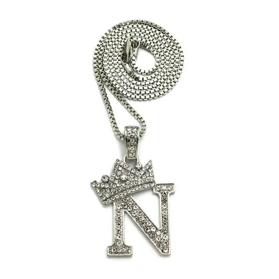 Stone Stud Allover Tilted Crown Initial N Pendant w/ 2mm 24" Box Chain Necklace, Silver-Tone