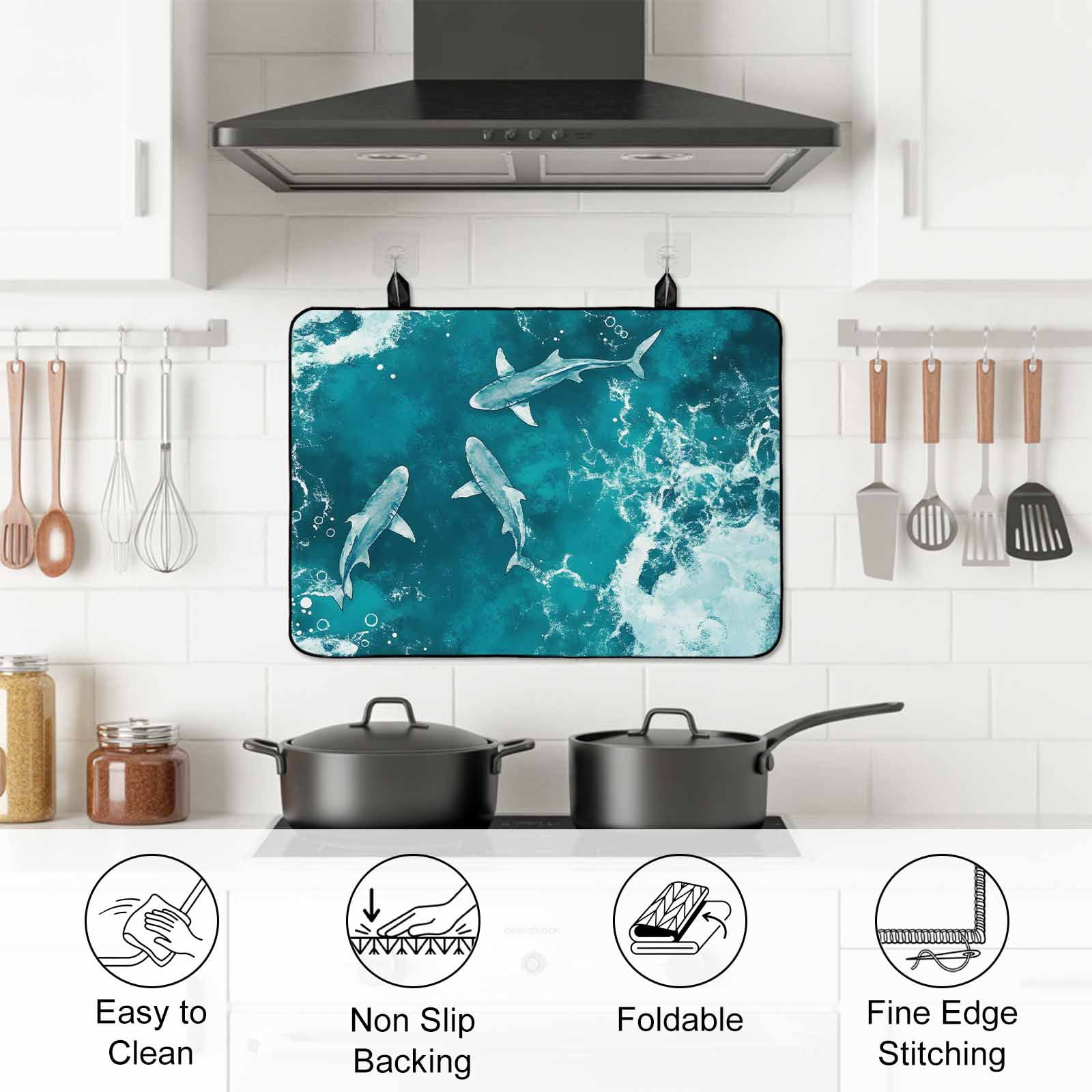 Teal Green Ocean Shark Stove Top Cover for Electric Stove, Heat-proof & Non Slip Glass Top Stove Cover Protector, Coastal Wave Summer Beach Kitchen Flat Cooktop Rubber Mat 24x21 Inches
