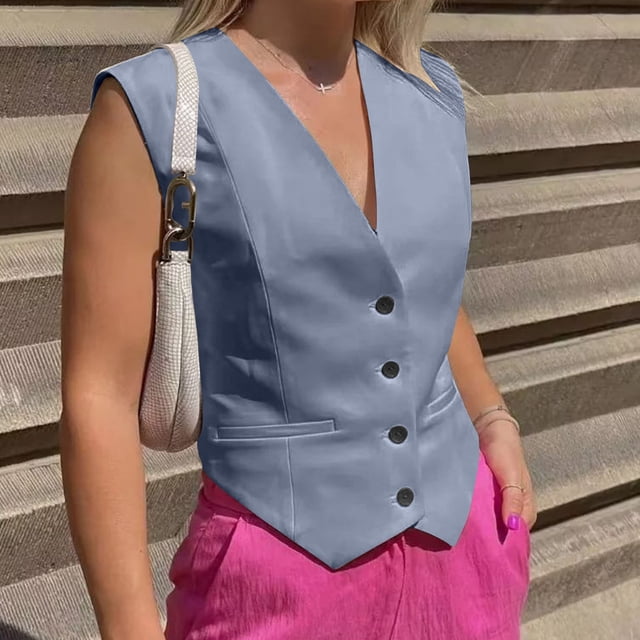 Fiudx Liquidación de Ahorros de Verano Camiseta Sin Mangas Ajustada Informal a La Moda para Mujer, Pantalón Corto Sin Mangas con Botones