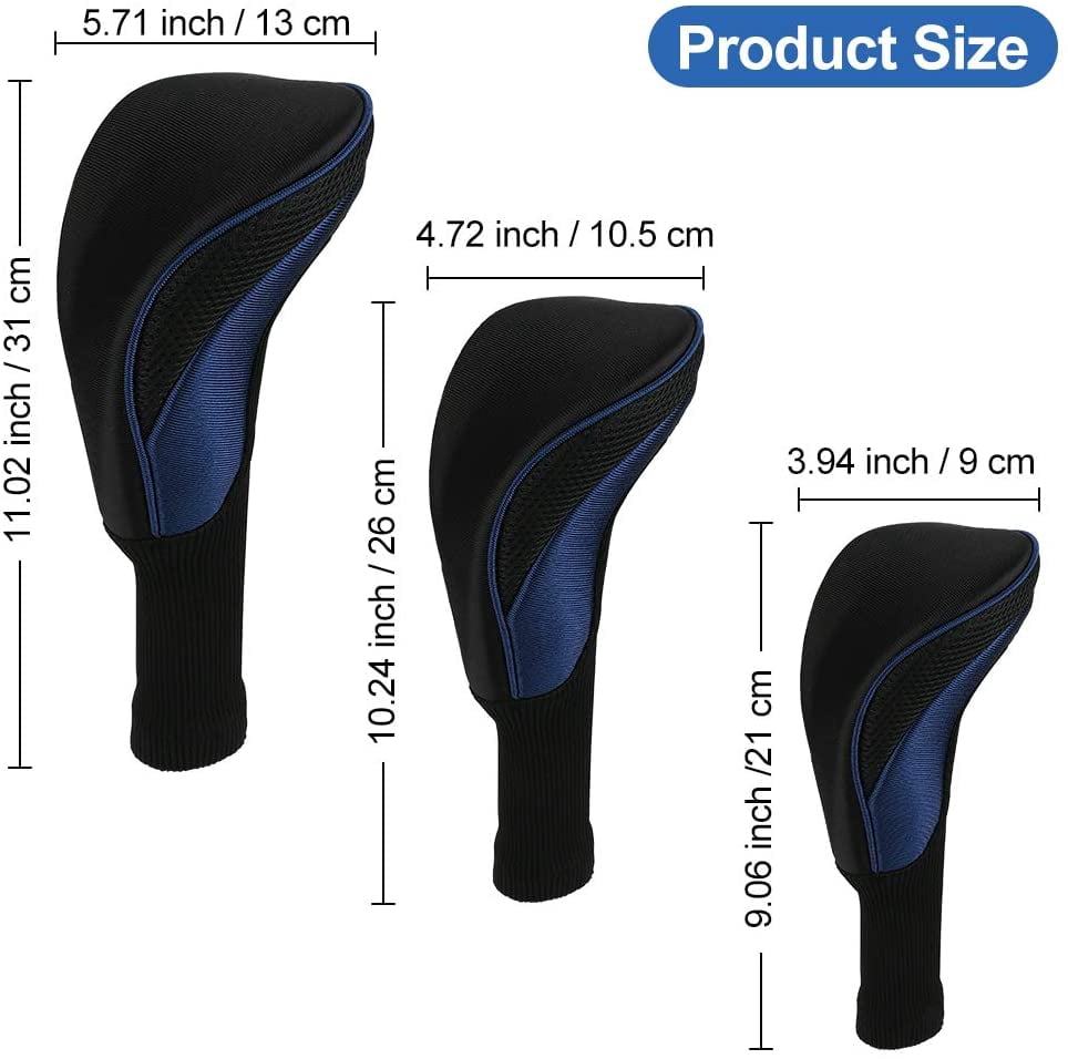 Golf Club Head Covers for Fairway Woods Driver Hybrids, 3Pcs Long Neck Mesh Golf Club Headcovers Set with Interchangeable No. Tags 3 4 5 6 7 X