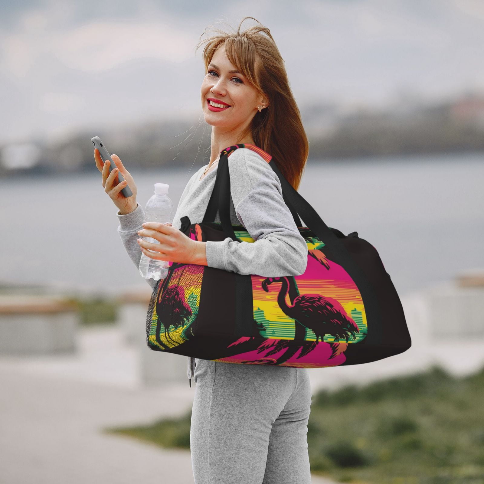Fuzoiu Flamingo And Palm Trees At Sunset Print Travel Duffle Bag,Carry On Tote Bags,Duffel Bag,Sport Gym Bag, Hospital Bag for Labor and Delivery, Overnight Bag,Luggage Bag