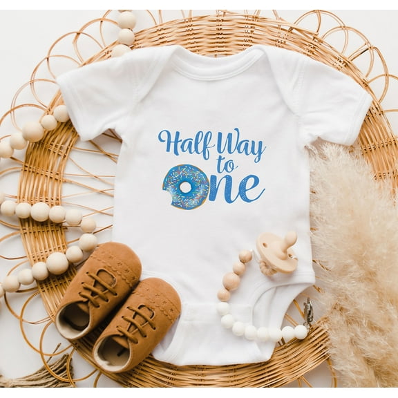 Bella Canvas with Half Way To Ones, Boys Donut Birthday, Six Month Birthday, Baby Boy Kids Raglan Tee Shirts Cute and Cool Baby Boy or Girl Bodysuit Gift