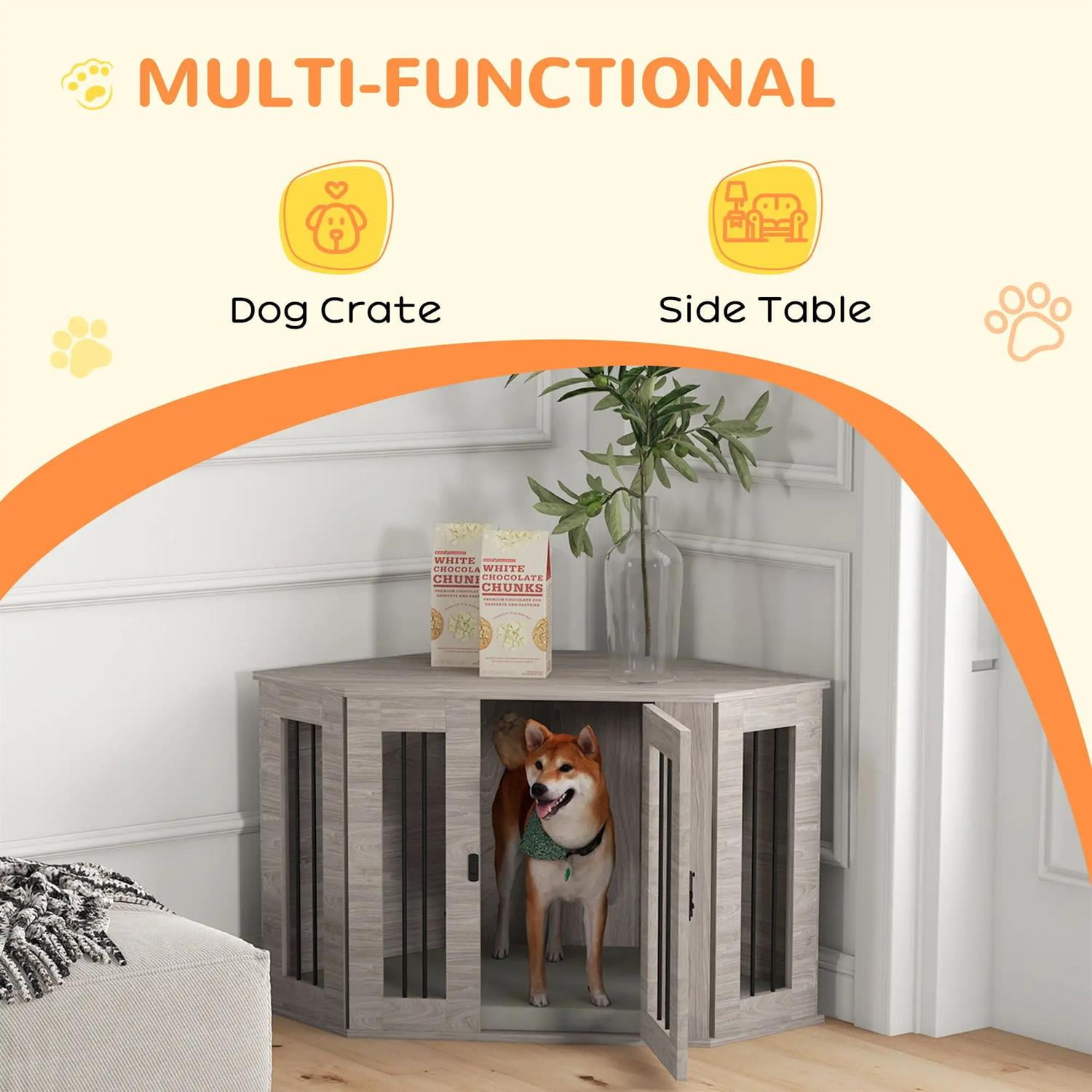 Pefilos 41" Corner Dog Crate Furniture with Cushion, Wooden Kennel Table, Indoor Dog House for Medium Dogs, Gray
