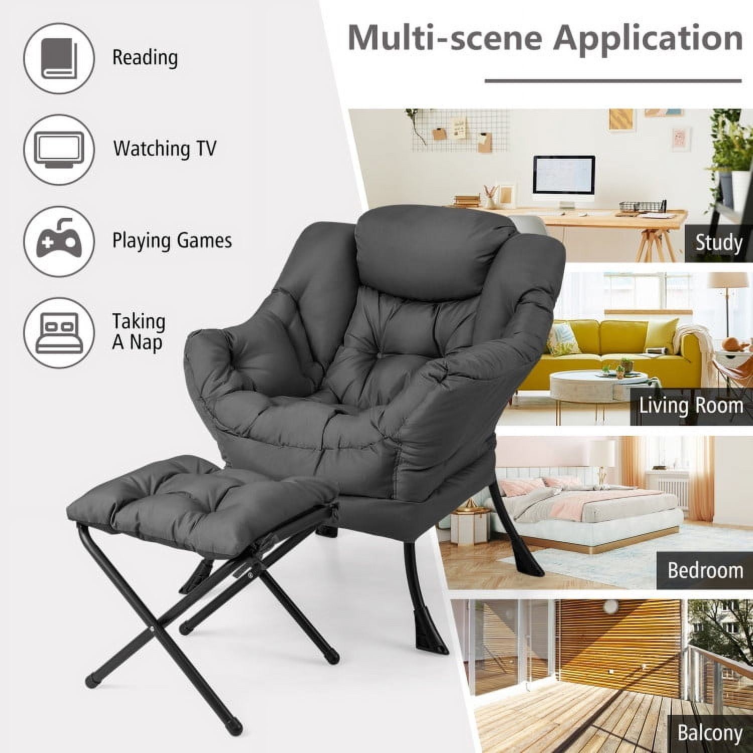 Demi Bonn Accent Sofa Chair, Recliner Chair with Ottoman Footrest, Modern Accent Sofa Chair with Folding Footrest and Side Pocket, for Living Room, Bedroom, Gray