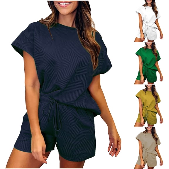 HBGVBA Women 2 Piece Outfits,Casual Matching Set,Solid Color Casual Sport Long Sleeve Top Shorts Crew Neck Outfit Set