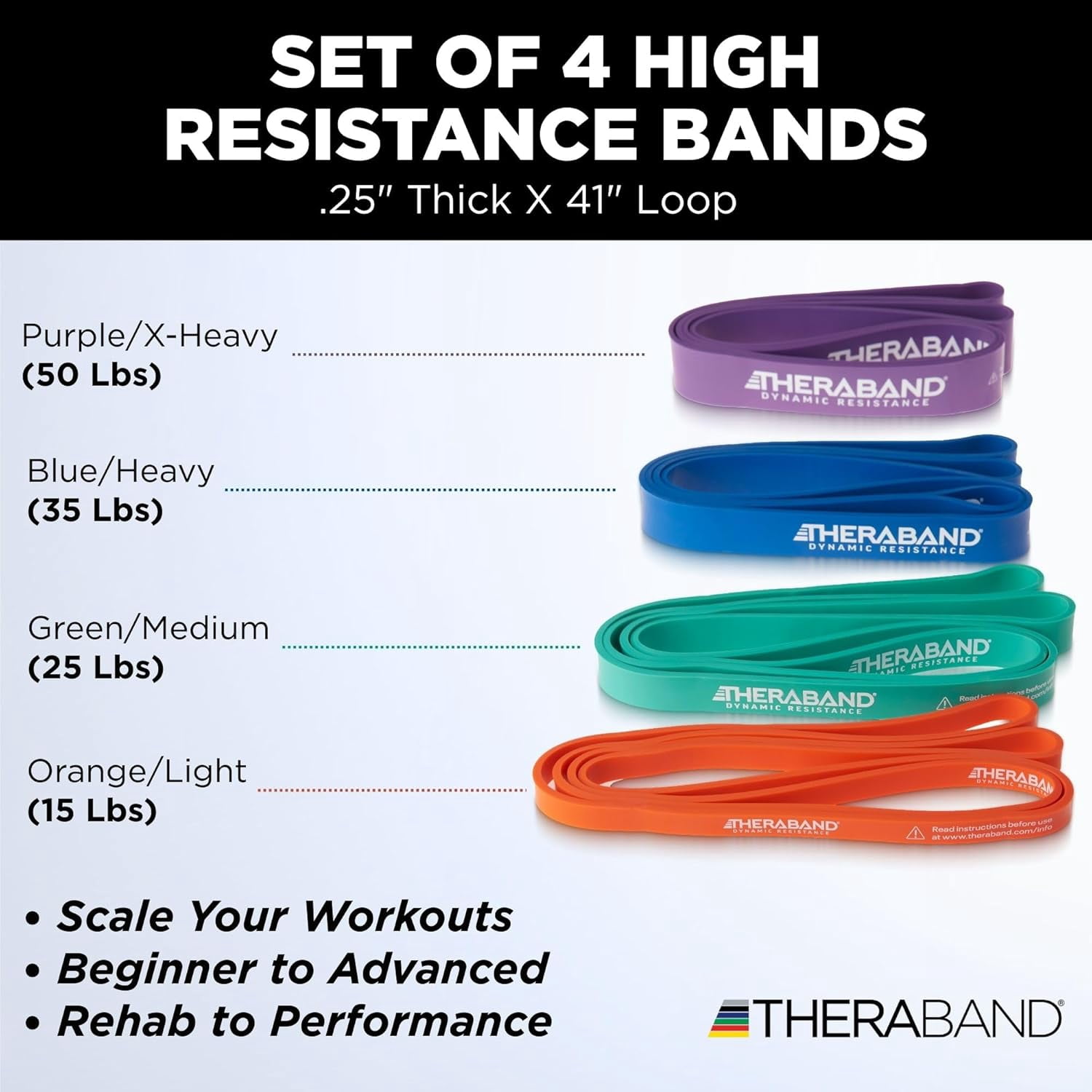 THERABAND High Resistance Bands Set of 4, Light to Extra-Heavy Elastic Super Bands for Full Body Workouts, Physical Therapy, Strength Training, Durable 41” Loop Exercise Bands, 15-50 lbs Resistance