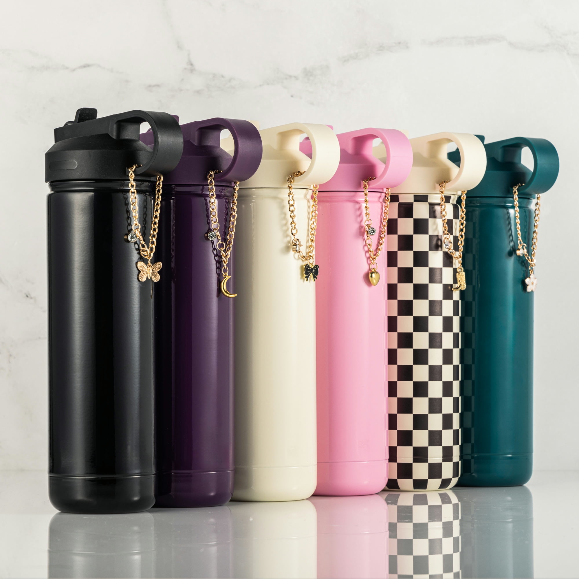 Thyme & Table 26 fl oz Water Bottle with Straw Lid, Purple with Moon Gold Charm
