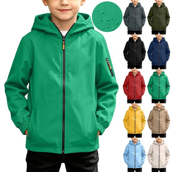 Frostluinai Kids Rain Jacket Boys Lightweight Raincoats Hidden Pocket Outdoor Windbreaker Jackets with Hood 4-15 Years