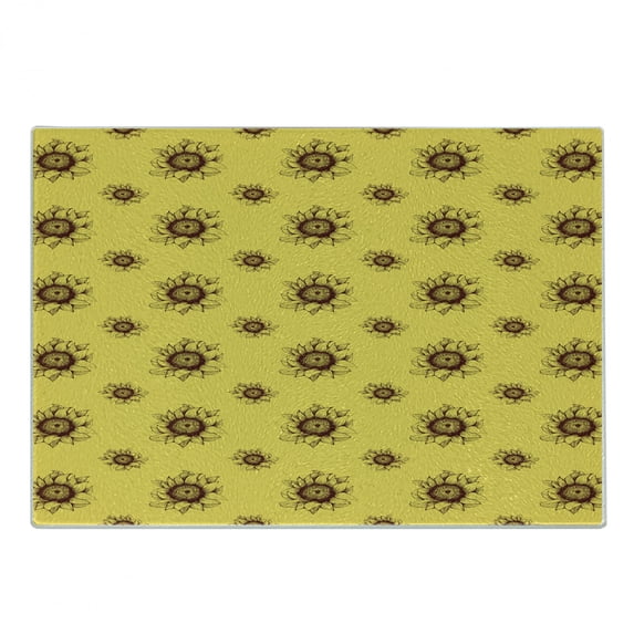 Floral Cutting Board, Top View of Hand Drawn Sun Flowers Pattern Sketchy Summer Illustration, Decorative Tempered Glass Cutting and Serving Board, in 3 Sizes, by Ambesonne