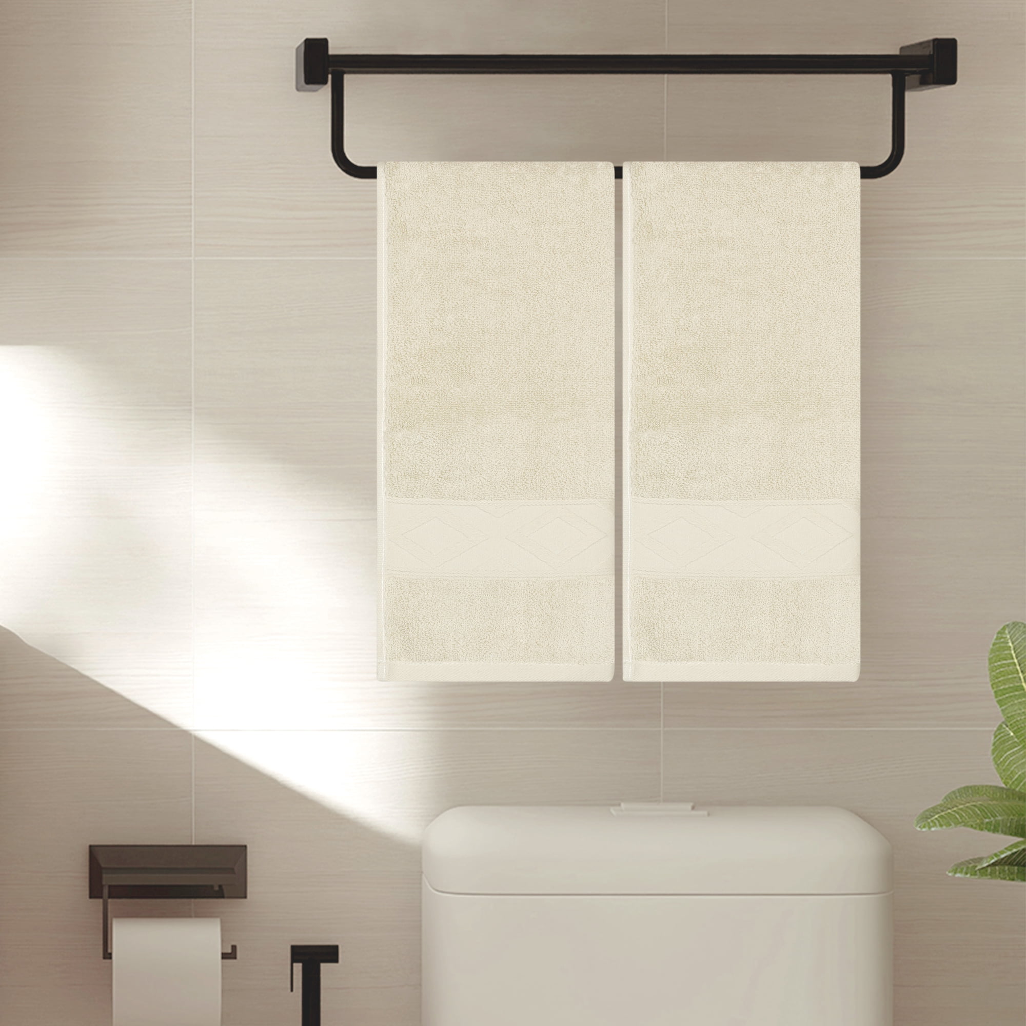 Unique Bargains Rhombus Pattern Hand Towel Set of 2 Cotton Highly Absorbent Towels Khaki 13" x 30"