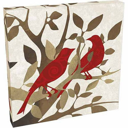 Birds On A Branch Two Birds on Tree Branches with Leaves Vector Silhouette Texture Red & Tan Canvas Art by Pied Piper Creative ()