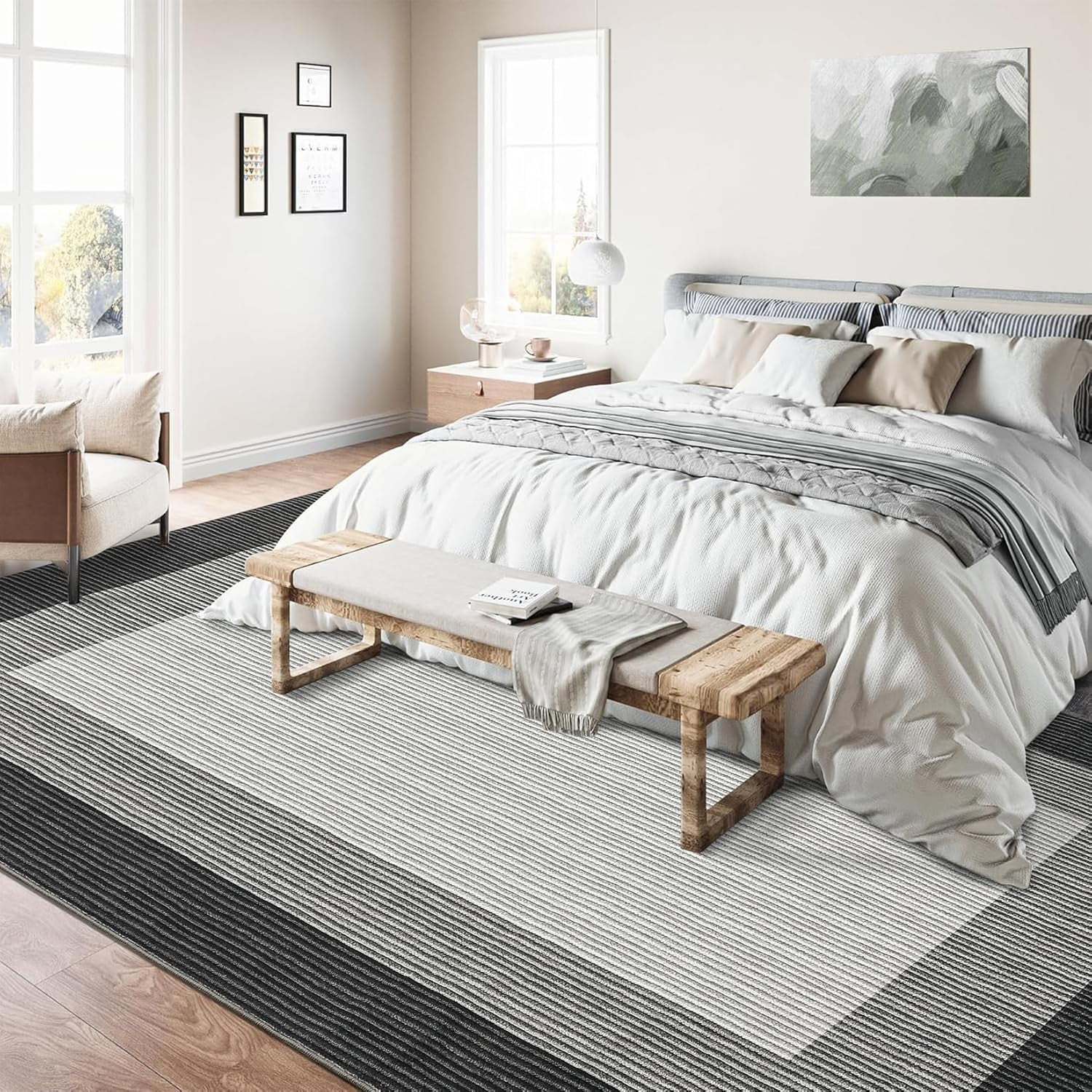 9x12 Area Rug Washable Rug Solid for Living Room, Large Non-Slip Non Shedding Bordered Modern Neutral Rug, Low Pile Foldable Printed Nursery Carpet for Bedroom, Dining Room, Black/Gray