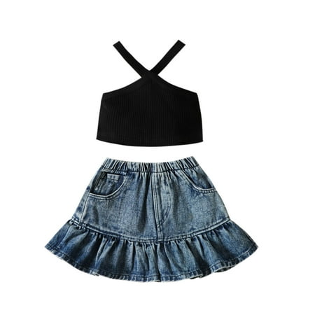 

GWAABD Kids Summer Clothes Black Cotton Blend Toddler Girls Sleeveless Vest T Shirt Tops Denim Skirts Outfits 110