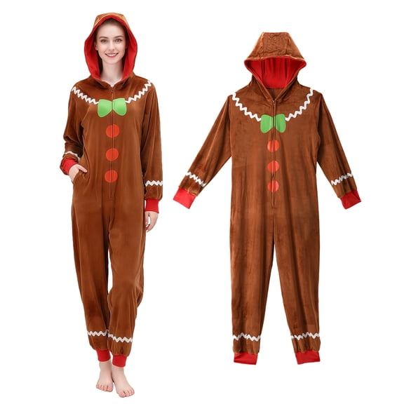 GOBWCOT Christmas Onesie Pajamas for Adults Gingerbread Man One-piece Hooded Jumpsuit Sleepwear for Xmas Costume Cosplay Outfit