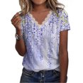 thumbnail image 4 of Camiseta de verano para mujer, camiseta holgada de manga corta con cuello en V y ribete de encaje, Top estampado floral para mujer, estampado D azul L, 4 of 6
