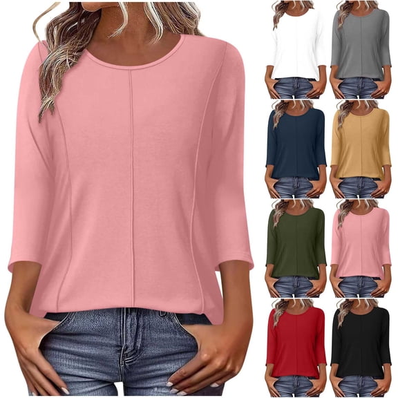 Jsaierl 3/4 Sleeve Womens Tops Plus Size Crew Neck Shirts Dressy Solid Petite Blouses Workout Loose Fit Tunic Top S-2XL