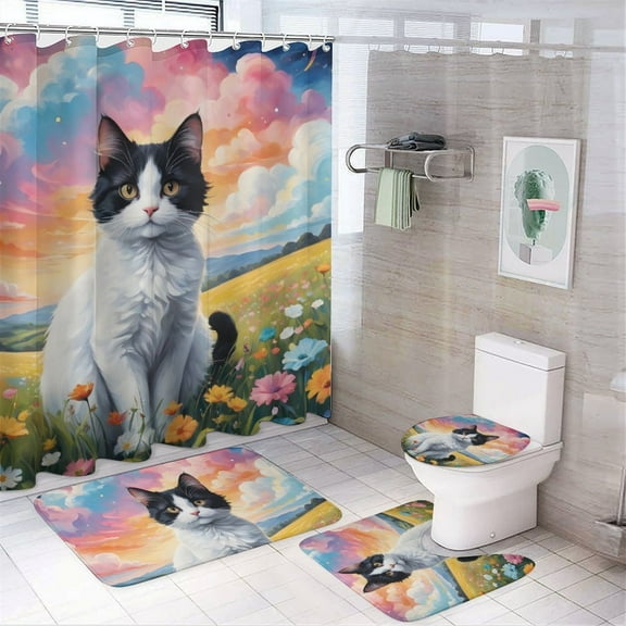 Cute Cat Pattern Shower Curtain Set, 4-Piece Bathroom Accessories with 72" x 72" Shower Curtain, Toilet Cover Mat, U-Shaped Mat, and Non-Slip Floor Mat
