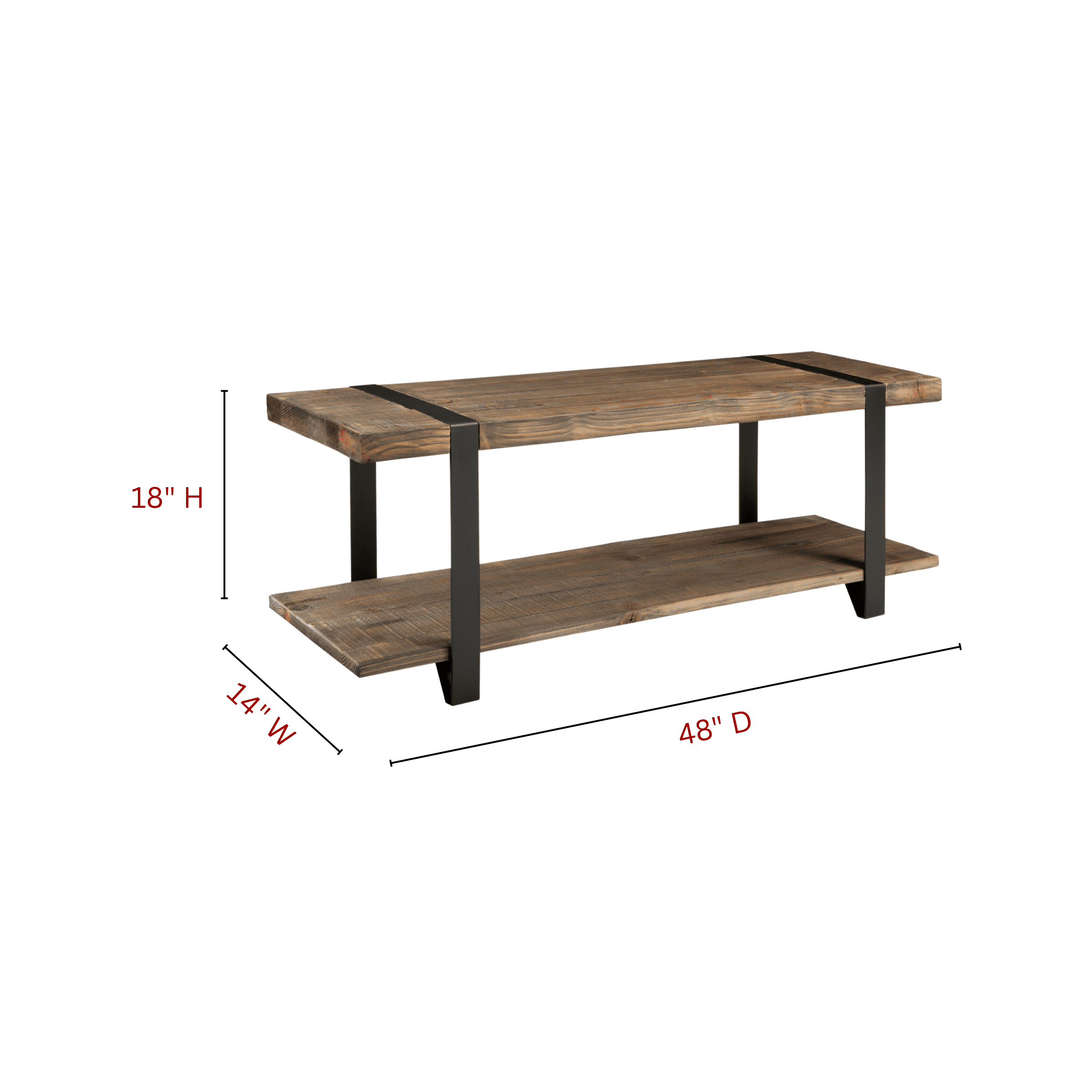 Alaterre Furniture Modesto 48" Solid Wood Entryway Bench with Storage Shelf, Rustic Natural Finish with Black Metal Legs and Strap Accent, Farmhouse Accent Bench for Entryway or Dining