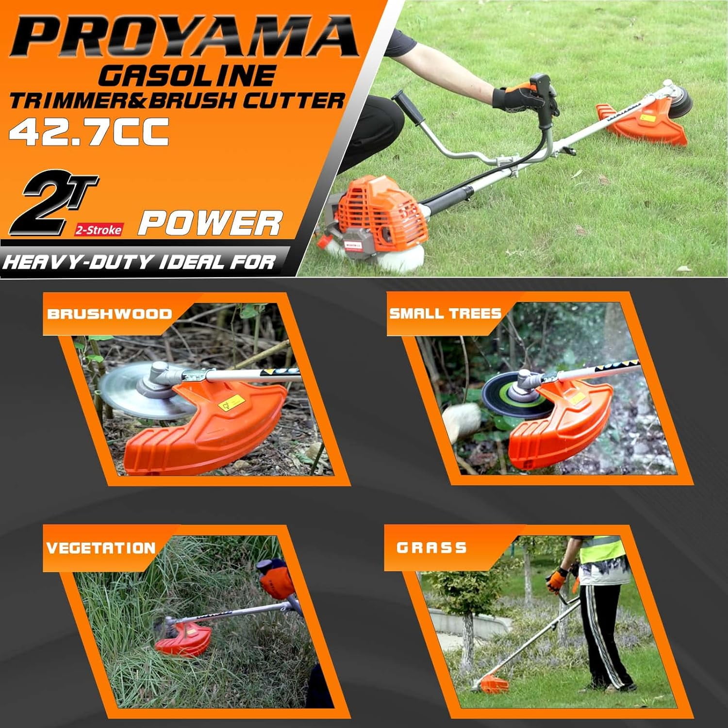 PROYAMA Brush Cutter/String Trimmer/Edger 42.7cc Gas Weed Eater/Wacker 4 in 1