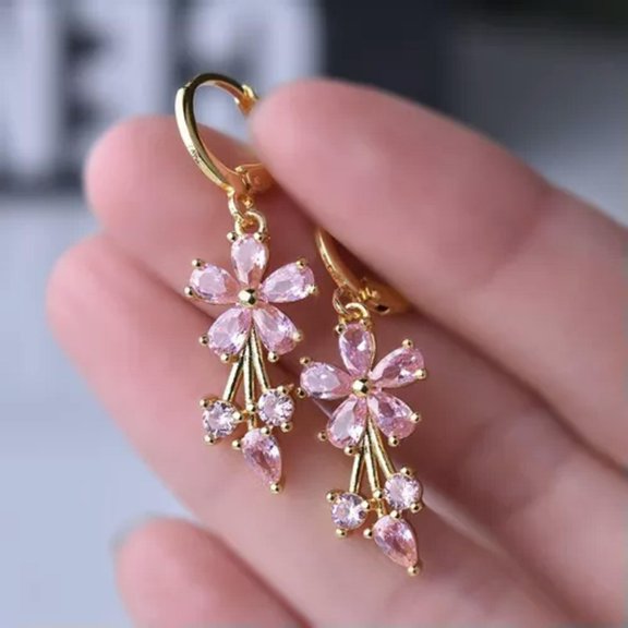 HOOUN Fashion Gold Flower Zircon Ear Drop Earrings Women Wedding Jewelry Gifts A Pair-Pink