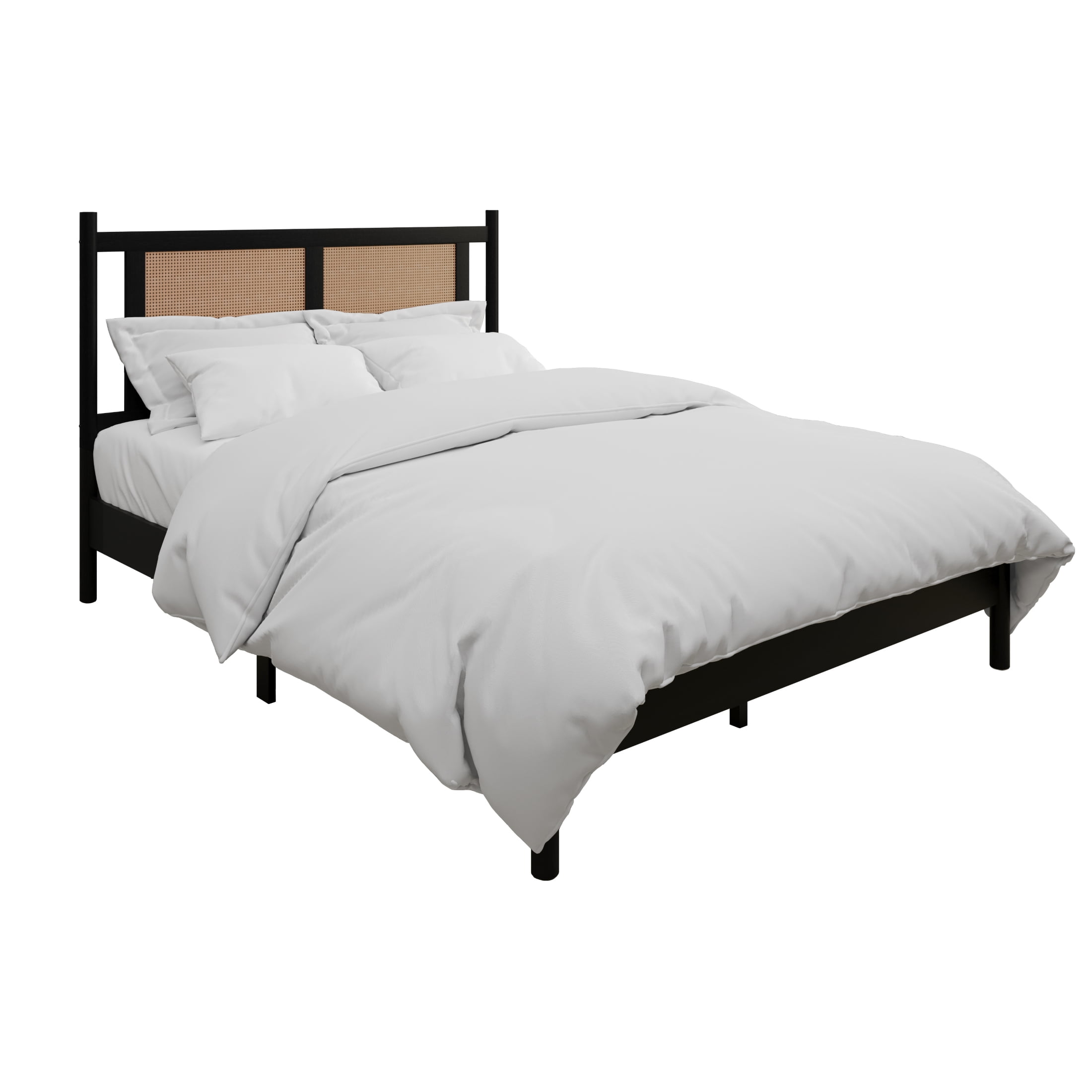 Castle Place Rattan Full Wooden Platform Bed, Black