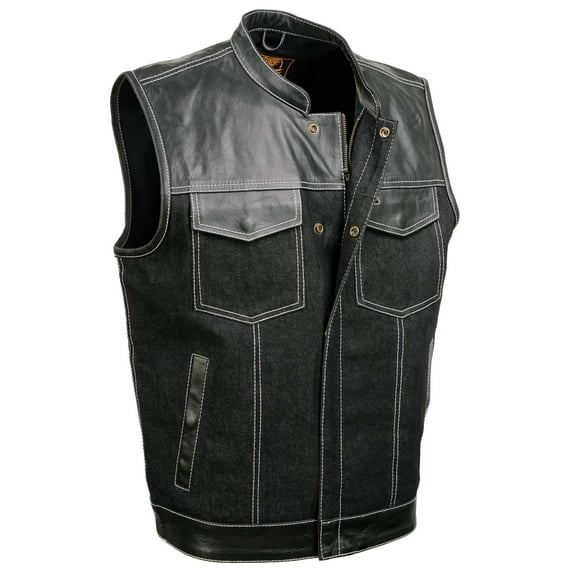 Milwaukee Leather MDM3006 Men's 'Brute' Black Denim and Black Leather Club Style Vest w/ Hidden Dual Closure 7X-Large