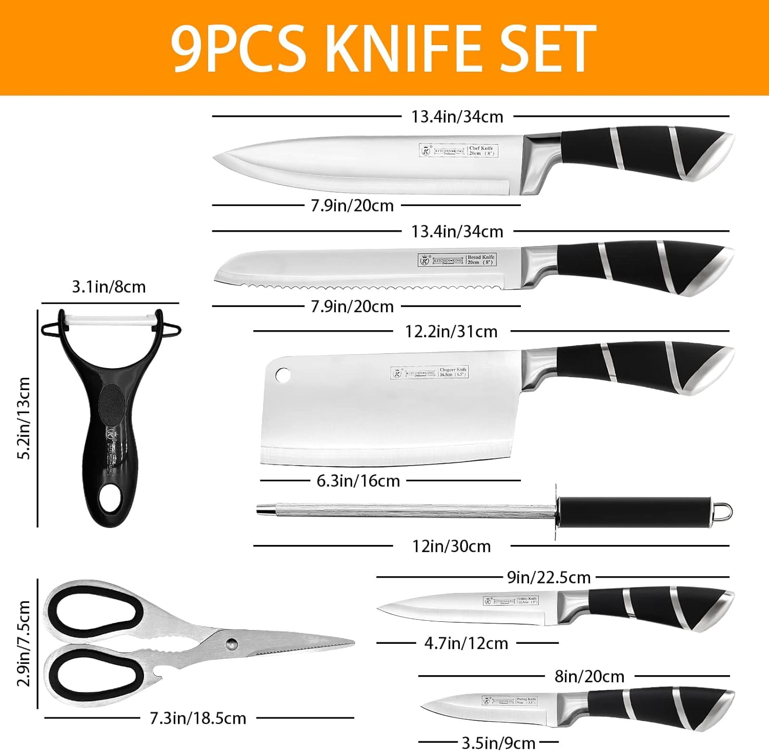 Kitchen Knife Set, 9-Pieces Black Sharp Non-Stick Coated Chef Knives Block Set, Stainless Steel Knife Set for Kitchen with Sharpener for Cutting Slicing Dicing Chopping