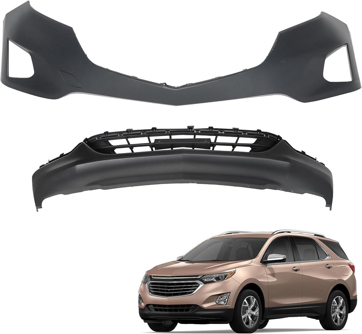 TINVHY Front Bumper Cover & Lower Grille Set For 2018-2019 Chevy Equinox – Unfinished Plastic, Tow Hook Cutout