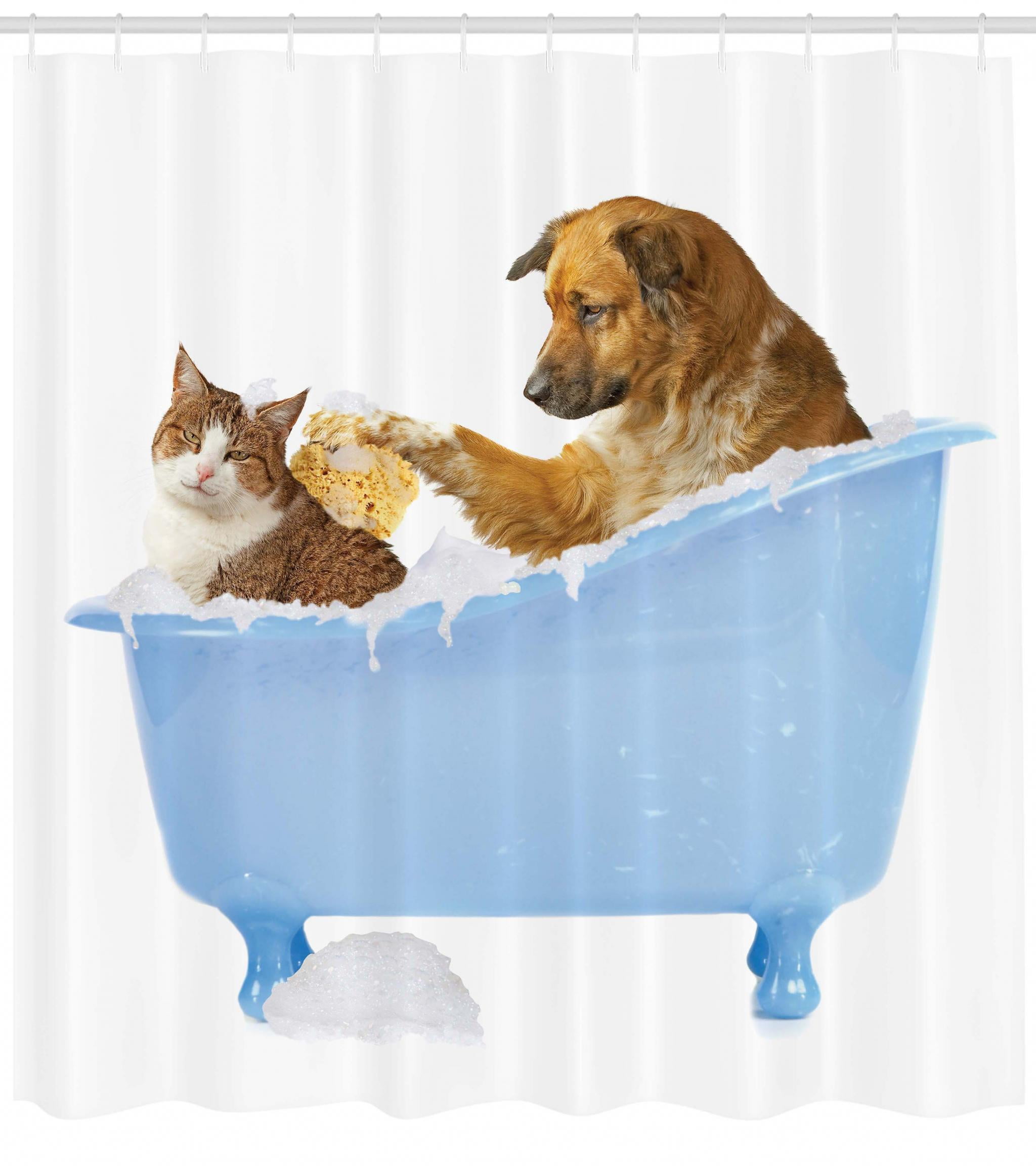 Cat Shower Curtain, Dog and Kitty in the Bathtub Together with Bubbles
