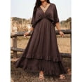 thumbnail image 5 of Coffee Brown Plus Size Casual Vacation Tie Front Ruffle Maxi Dress With V-Neck And Flared Sleeves, Spring Summer, 5 of 7