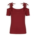 thumbnail image 3 of Chbgutlmr Going out Tops for Women Short Sleeve Cold Shoulder Lace Slim Comfy Solid Color Trendy Tops, 3 of 6