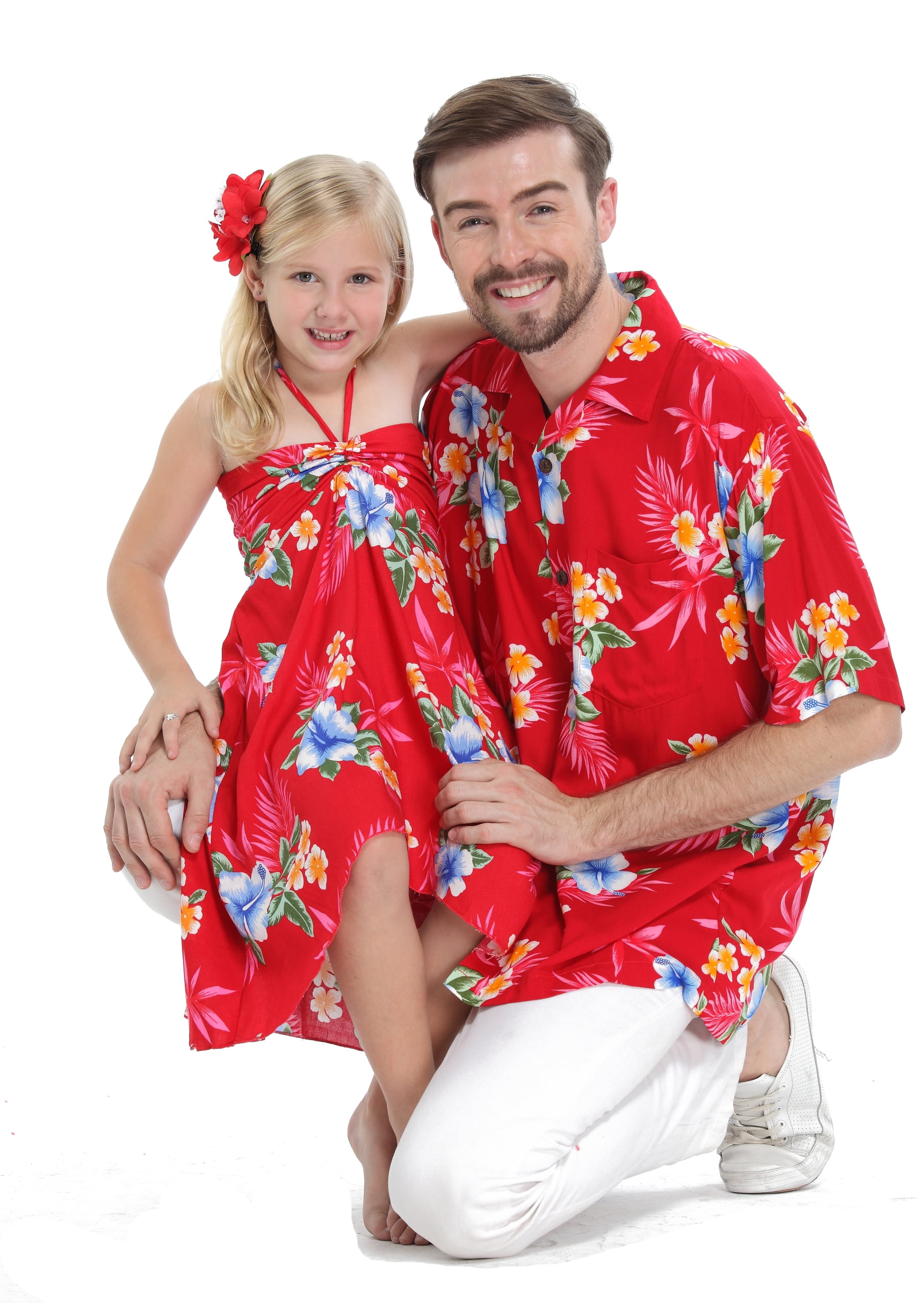 Couple Matching Shirt Dress Outfit Hawaiian Cruise Valentine Luau Hibiscus Red 