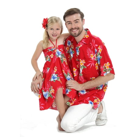 Matching Father Daughter Hawaiian Luau Cruise Outfit Shirt Dress Hibiscus Red Men 2XL Girl (Best Time Of Year To Cruise Hawaii)