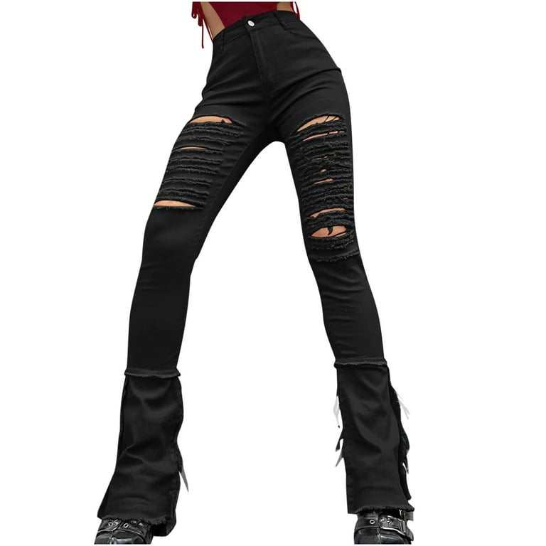 RYRJJ Women Skinny Bell Bottom Jeans Button High Waist Ripped Flared Jean  Destroyed Raw Hem Flare Denim Pants(Black,L)