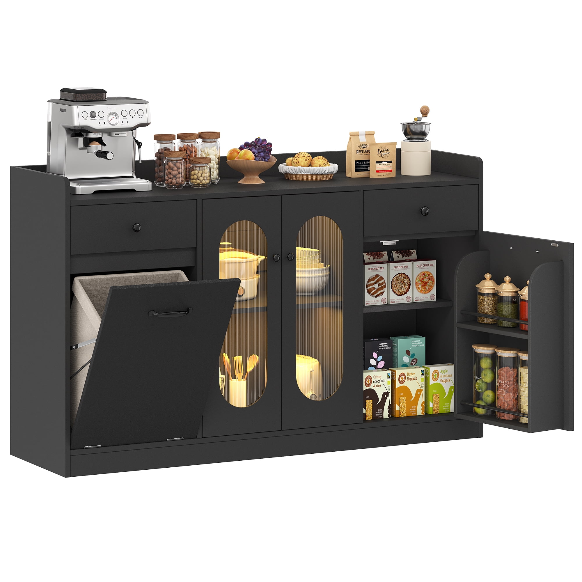 54'' Large Kitchen Island With Tilt Out Trash Can Cabinet And Adjustable Shelves, Kitchen Furniture With Led Light And 2 Drawers