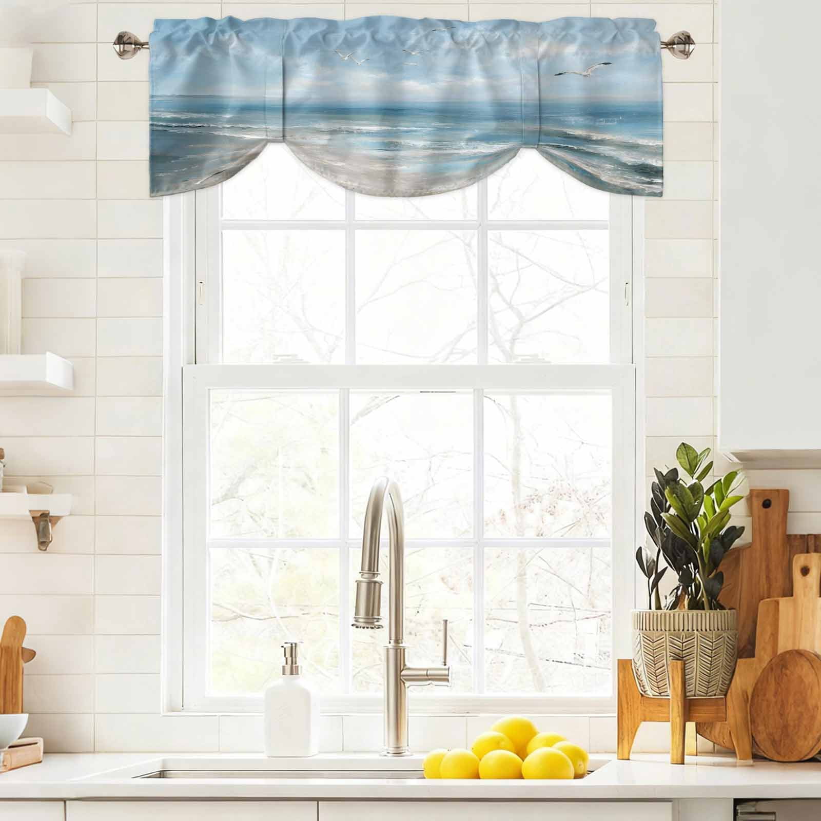 Ocean Tie Up Valances Curtain, Adjustable Kitchen Summer Beach Seagull Oil Painting Coastal Valances for Windows Decor, Rod Pocket Short Curtains Set for Bedroom/Bathroom, 60"x18"