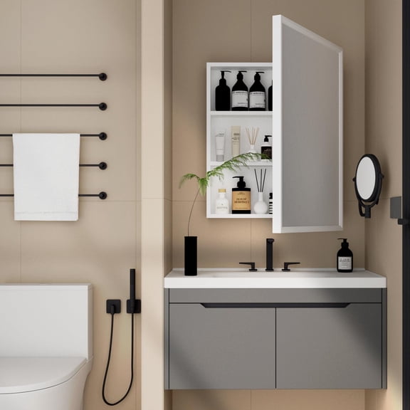 Medicine Cabinet Bathroom Mirror, 28''x22'' Farmhouse Wood Frame Bathroom Medicine Cabinet with Mirror, Vanity Mirrors Recess or Surface Mounted Installation (White-28x22'')