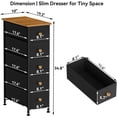 thumbnail image 3 of Narrow Dresser Storage Tower with 5 Drawers, Slim Dresser Chest of Drawers with Steel Frame, Wood Top, Golden Knobs, White Dresser for Bedroom, Bathroom, Small Spaces, Laundry, Closet,Black, 3 of 13