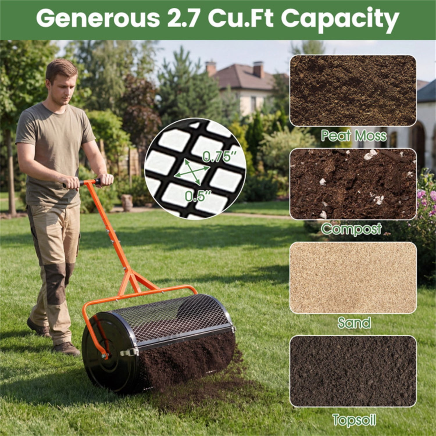 24" Lawn Topdressing Spreader with 0.75"×0.5" Mesh, Compost Spreader for Soil Sand Fertilizer Orange